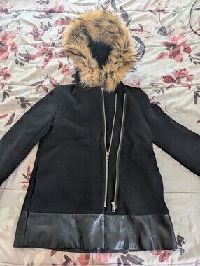 Black Hooded Coat with Fur Trim